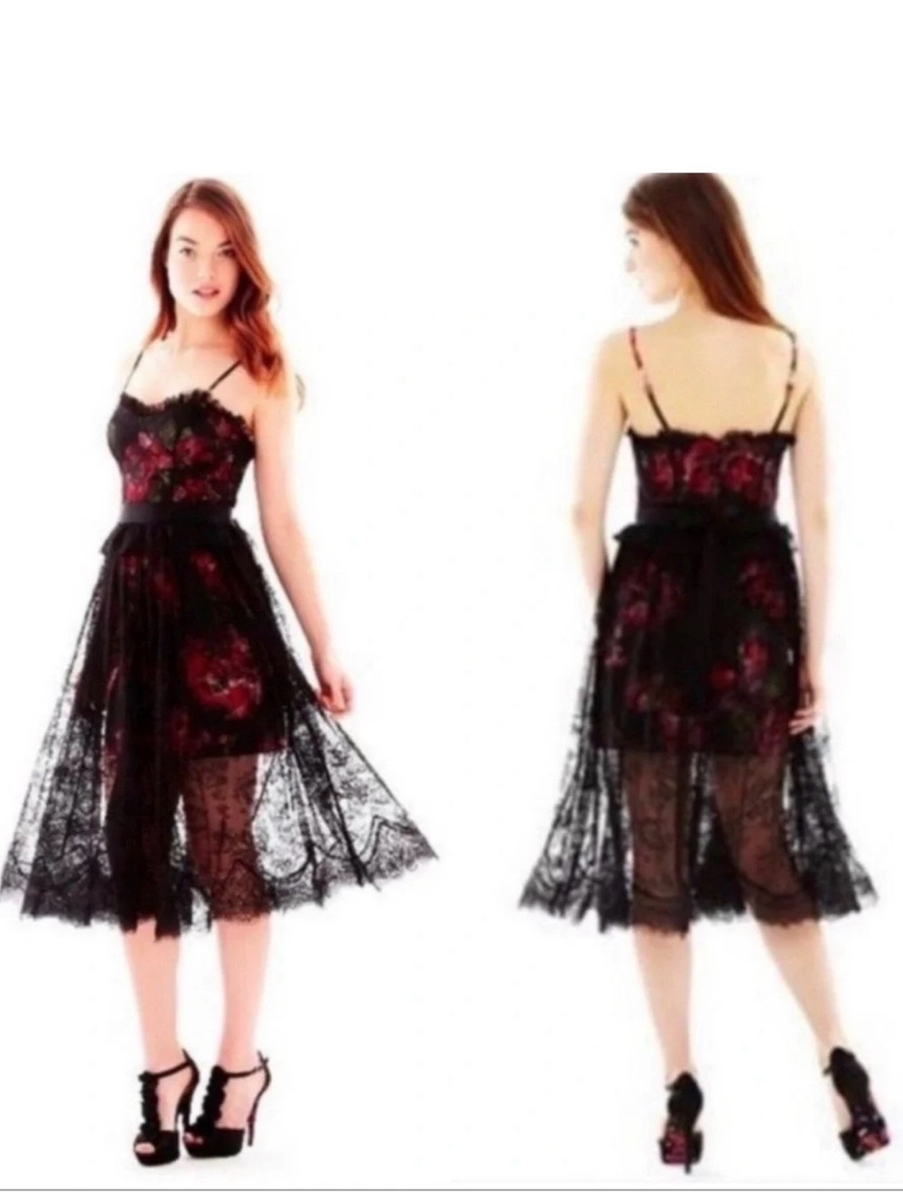 Pearl by MarchisaFloral Lace Overlay Midi Dress in Black and Red Size 10